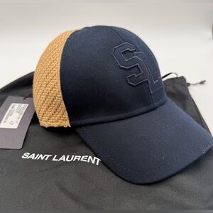 Saint Laurent SL Straw‑Back Baseball Cap – Navy/Tan – With Dust Bag